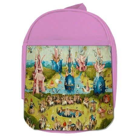 MOCHILA ROSA CUADRO JARDIN DE LAS DELICIAS EL BOSCO escolar personalizado picnic excursión deporte