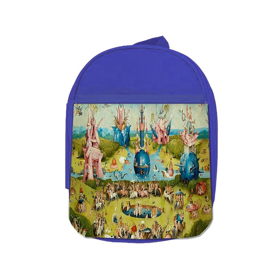 MOCHILA AZUL CUADRO JARDIN DE LAS DELICIAS EL BOSCO escolar personalizado picnic excursión deporte