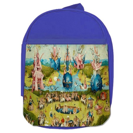 MOCHILA AZUL CUADRO JARDIN DE LAS DELICIAS EL BOSCO escolar personalizado picnic excursión deporte