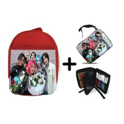 PACK MOCHILA ROJA Y ESTUCHE cantantes kpop dxmon girls love boys love girls material escolar