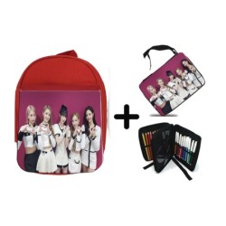 PACK MOCHILA ROJA Y ESTUCHE cantantes kpop geenious ye young si on material escolar