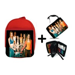 PACK MOCHILA ROJA Y ESTUCHE cantantes kpop KATSEYE whatching you material escolar