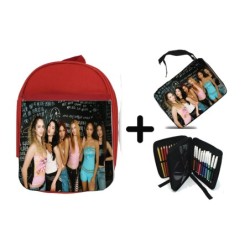 PACK MOCHILA ROJA Y ESTUCHE cantantes kpop KATSEYE stronger than the rain material escolar