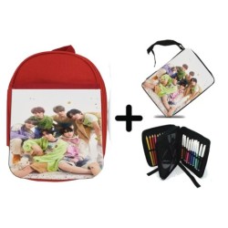 PACK MOCHILA ROJA Y ESTUCHE cantantes kpop ntc regular fact check material escolar