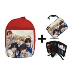 PACK MOCHILA ROJA Y ESTUCHE cantantes kpop ntc kick it favorite vampire material escolar