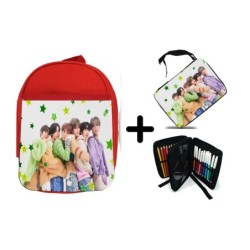 PACK MOCHILA ROJA Y ESTUCHE cantantes kpop ntc high way to haven material escolar