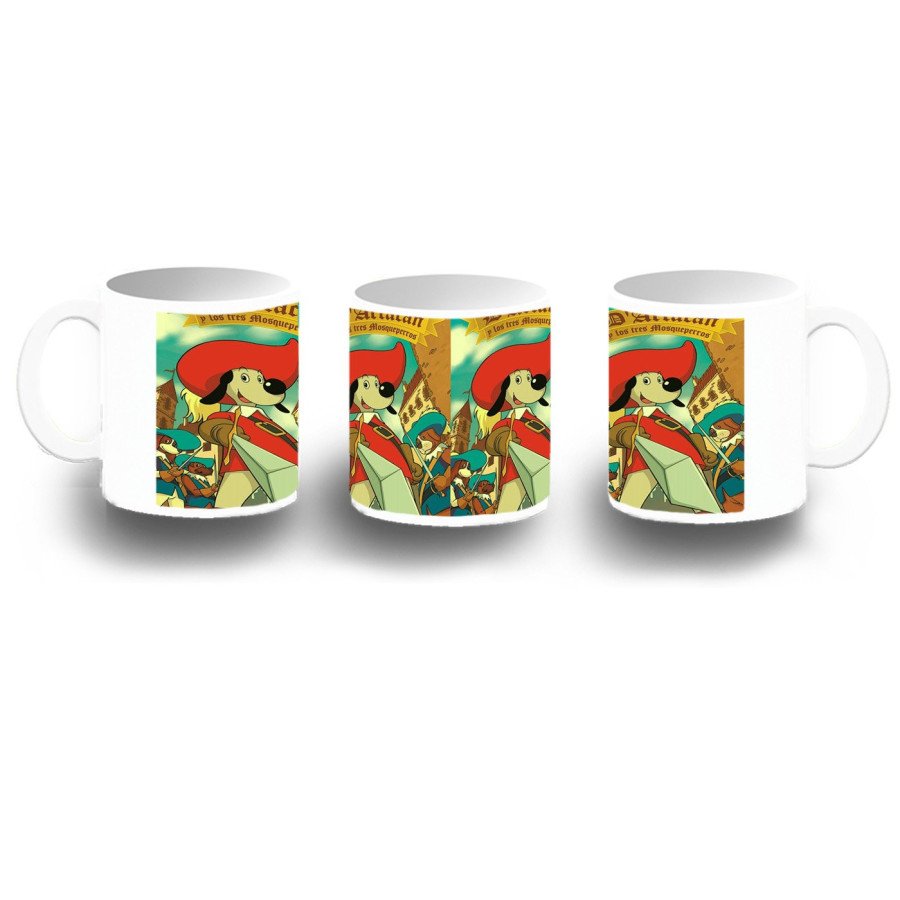 Taza fotoluminiscente Mosqueteros perros francia medieval dibujos BRILLA OSCURIDAD