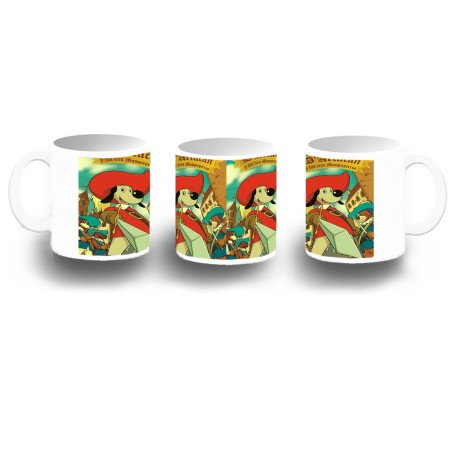 Taza fotoluminiscente Mosqueteros perros francia medieval dibujos BRILLA OSCURIDAD