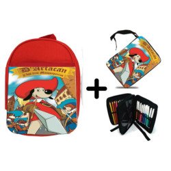 Pack Mochila Roja y Estuche Mosqueteros perros francia medieval dibujos material escolar