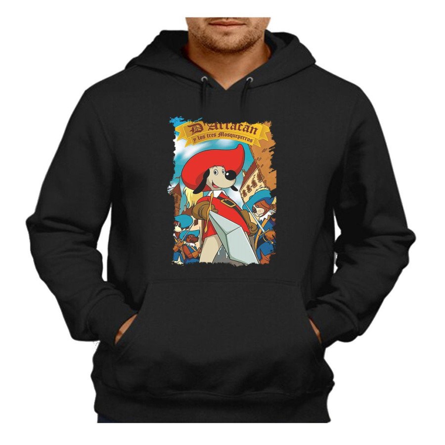 SUDADERA NEGRA con CAPUCHA Mosqueteros perros francia medieval dibujos adulto poliester algodón personalizada