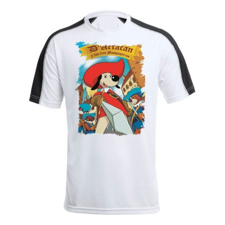 CAMISETA técnica franja mangas NEGRA Mosqueteros perros francia medieval dibujos personalizada