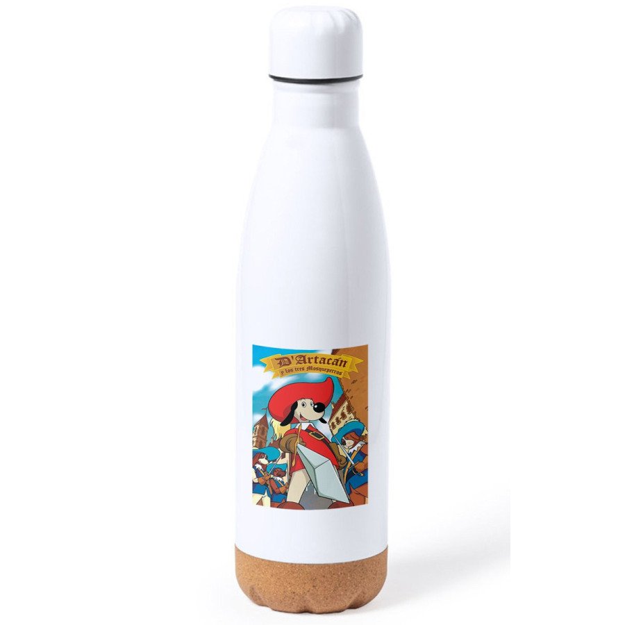 Bidón 750 ml acero inoxidable adorno de corcho Mosqueteros perros francia medieval dibujos tapon botella