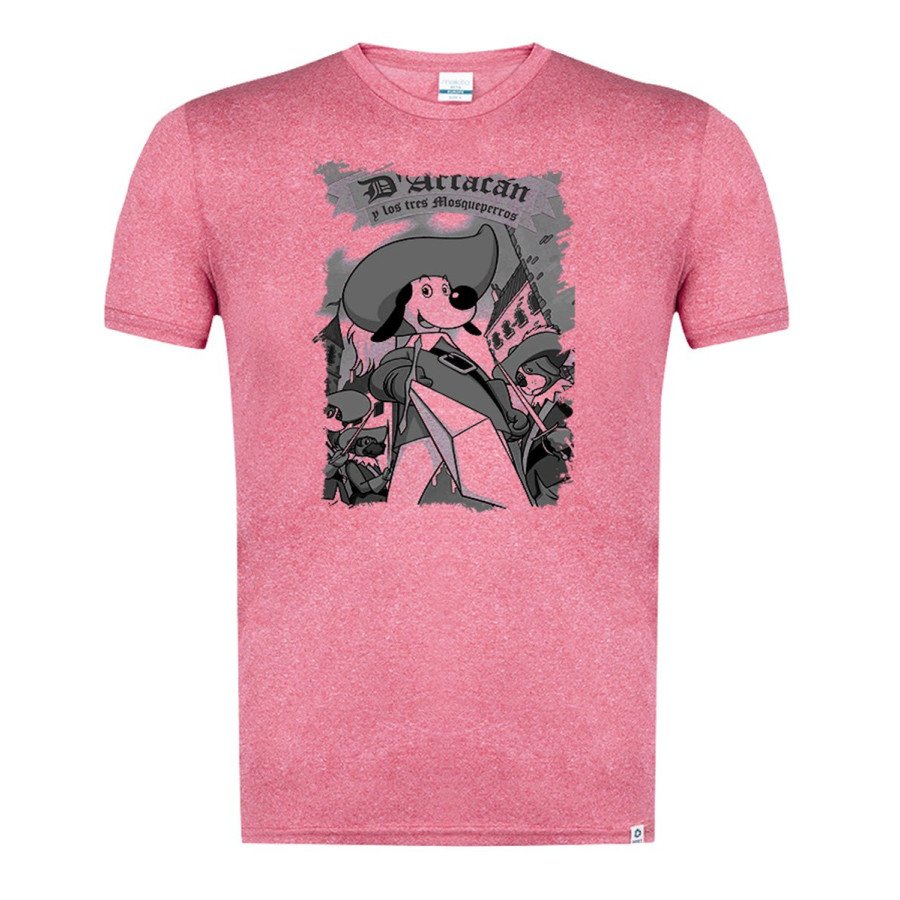 CAMISETA Roja mezcla con imagen en tonalidades NEGRAS Mosqueteros perros francia medieval dibujos tshirt