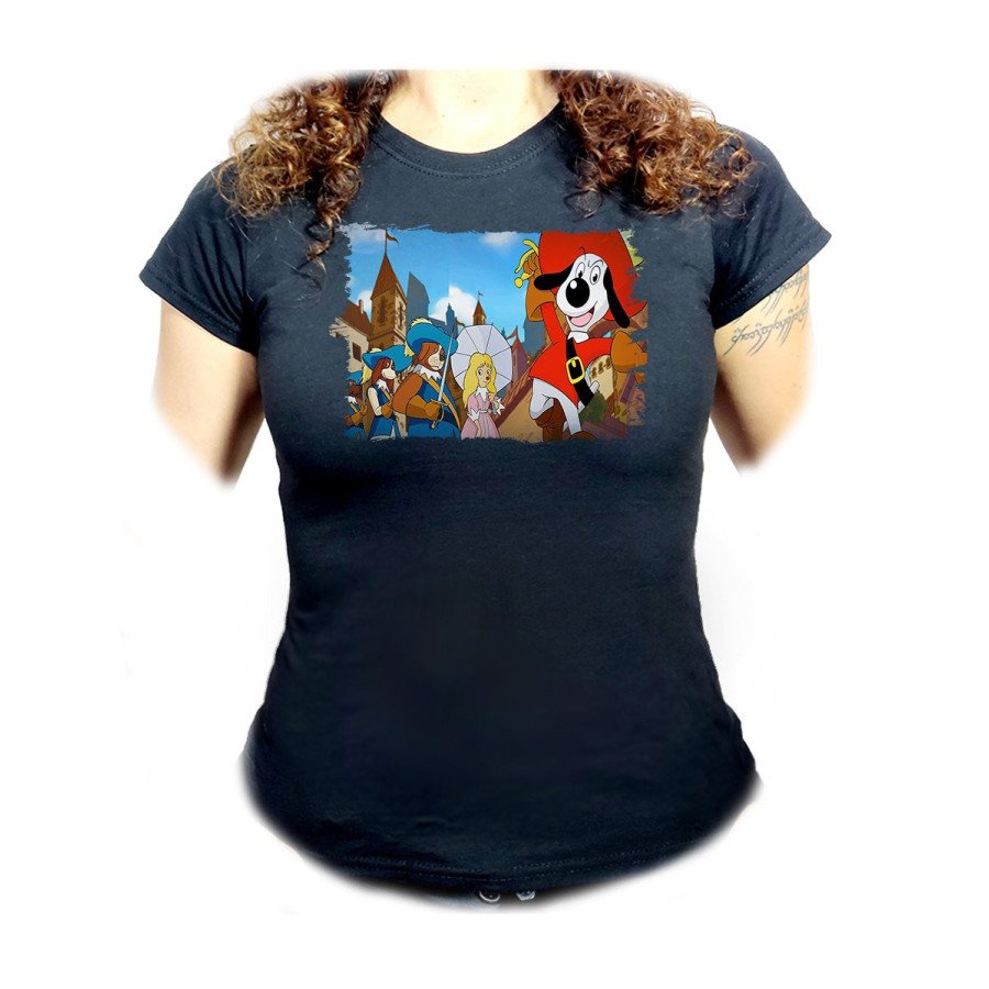 CAMISETA NEGRA MUJER Dartañan mosqueteros espadachin dibujos julieta oferta personalizada