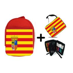 Pack Mochila Roja y Estuche bandera de aragon españa comunidad autonoma material escolar