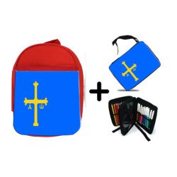 Pack Mochila Roja y Estuche bandera de asturias españa comunidad autonoma material escolar