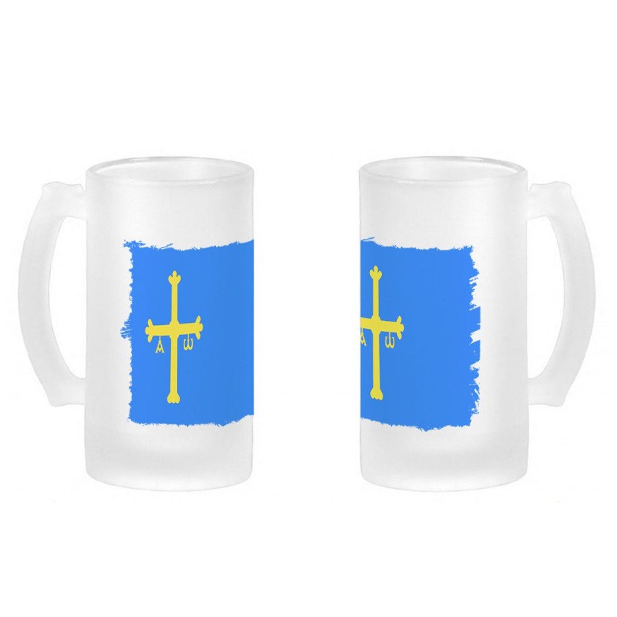 Jarra cerveza cristal bandera de asturias españa comunidad autonoma esmerilada esmerilado 500ml