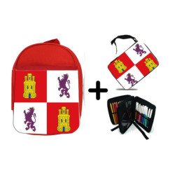 Pack Mochila Roja y Estuche bandera de castilla y leon españa comunidad autonoma material escolar