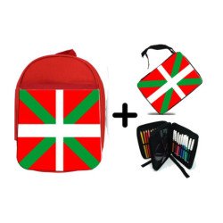 Pack Mochila Roja y Estuche bandera de euskadi españa comunidad autonoma vasca material escolar