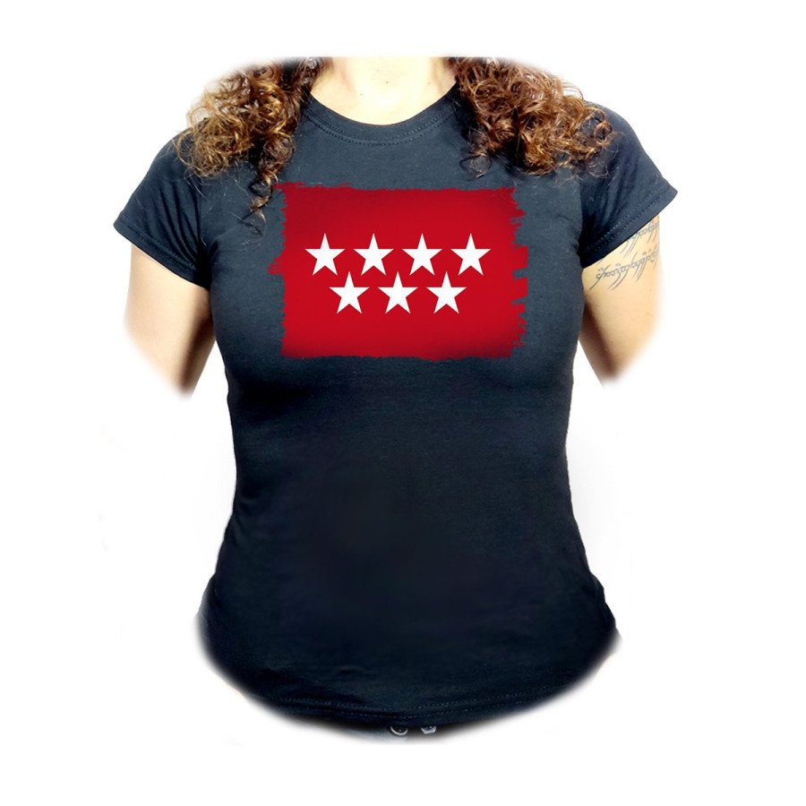 CAMISETA NEGRA MUJER bandera de madrid españa comunidad autonoma oferta personalizada