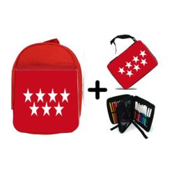 Pack Mochila Roja y Estuche bandera de madrid españa comunidad autonoma material escolar