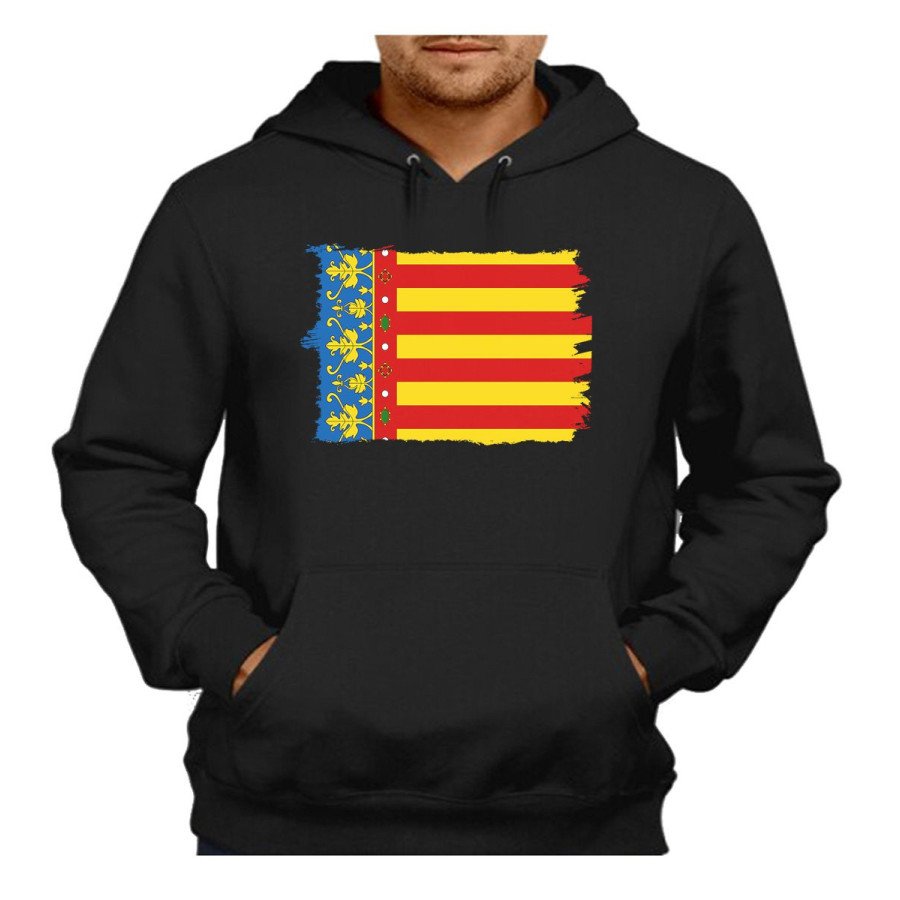 SUDADERA NEGRA con CAPUCHA bandera de valencia españa comunidad autonoma adulto poliester algodón personalizada