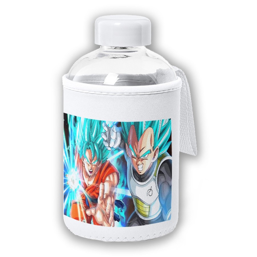 BIDON CRISTAL CON FUNDA SOFT SHELL GOKU VEGETA SSJ BLUE tapon seguridad botella