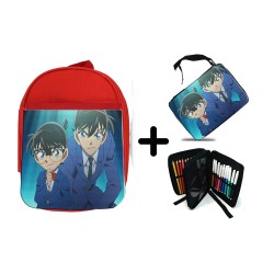 PACK MOCHILA ROJA Y ESTUCHE DETECTIVE CONAN ANIME SERIE material escolar