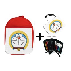 PACK MOCHILA ROJA Y ESTUCHE GATO AZUL SERIE NIÑOS ANIME DIBUJOS material escolar