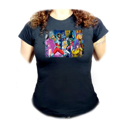 CAMISETA NEGRA MUJER CABALLEROS DEL ZODIACO ANIME oferta personalizada