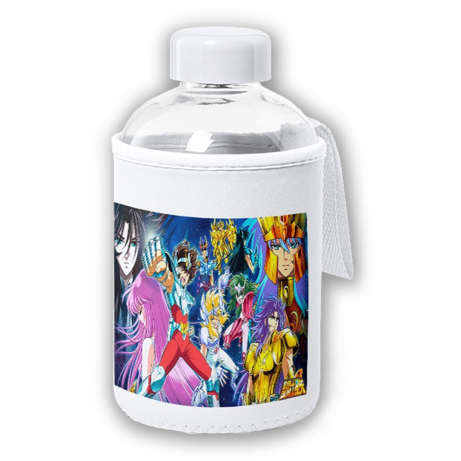 BIDON CRISTAL CON FUNDA SOFT SHELL CABALLEROS DEL ZODIACO ANIME tapon seguridad botella