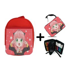 PACK MOCHILA ROJA Y ESTUCHE spy x family niña anya kawaii cute mona material escolar