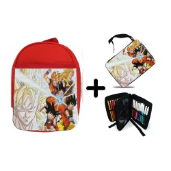 PACK MOCHILA ROJA Y ESTUCHE SON GOKU DRAGON BALL SUPER SAIJAJIN TRASFORMACIONES material escolar