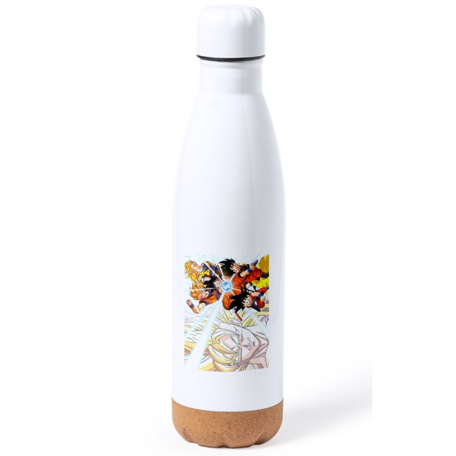 BIDON 750 ML ACERO INOXIDABLE ADORNO DE CORCHO SON GOKU DRAGON BALL SUPER SAIJAJIN TRASFORMACIONES tapon botella