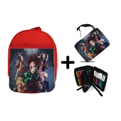 PACK MOCHILA ROJA Y ESTUCHE DEMON SLAYER ACCION PERSONAJES material escolar