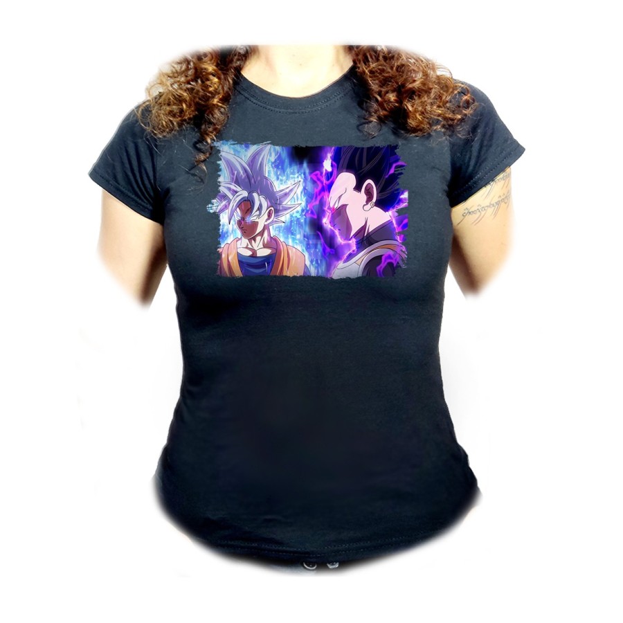 CAMISETA NEGRA MUJER dragon ball super goku vegeta mega instinto oferta personalizada