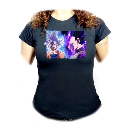 CAMISETA NEGRA MUJER dragon ball super goku vegeta mega instinto oferta personalizada