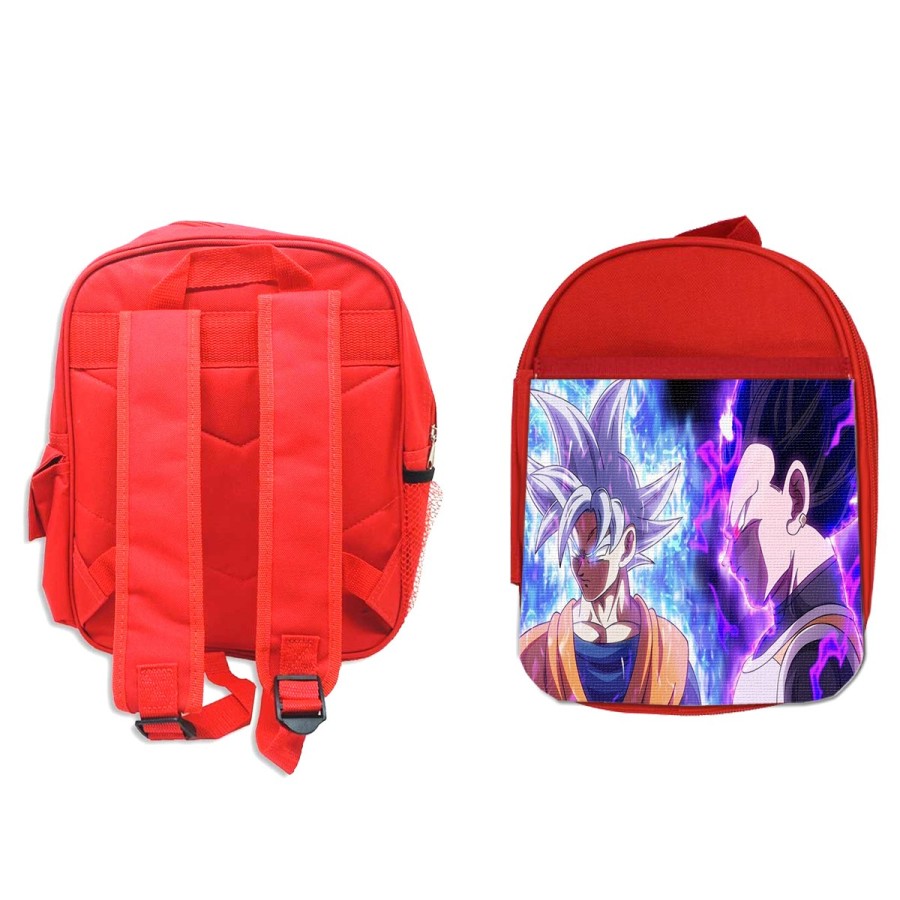 MOCHILA ROJA dragon ball super goku vegeta mega instinto escolar personalizado