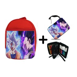 PACK MOCHILA ROJA Y ESTUCHE dragon ball super goku vegeta mega instinto material escolar