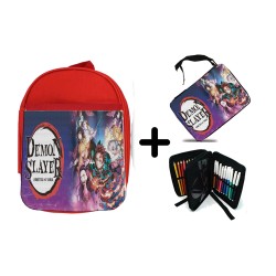 PACK MOCHILA ROJA Y ESTUCHE kimetsu no yaiba demon slayers guardianes material escolar