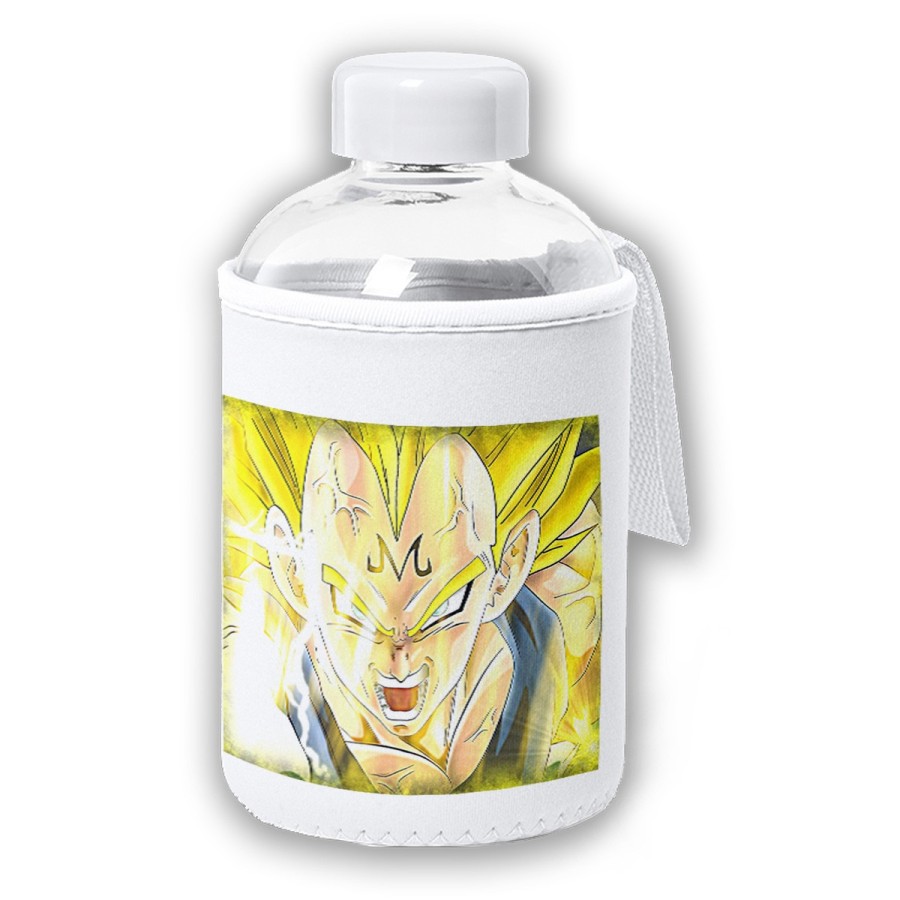 BIDON CRISTAL CON FUNDA SOFT SHELL DBZ MAJIN VEGETA SSJ2 FURIOSO tapon seguridad botella