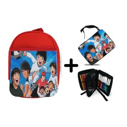 PACK MOCHILA ROJA Y ESTUCHE campeones oliver y benji serie dibujos material escolar