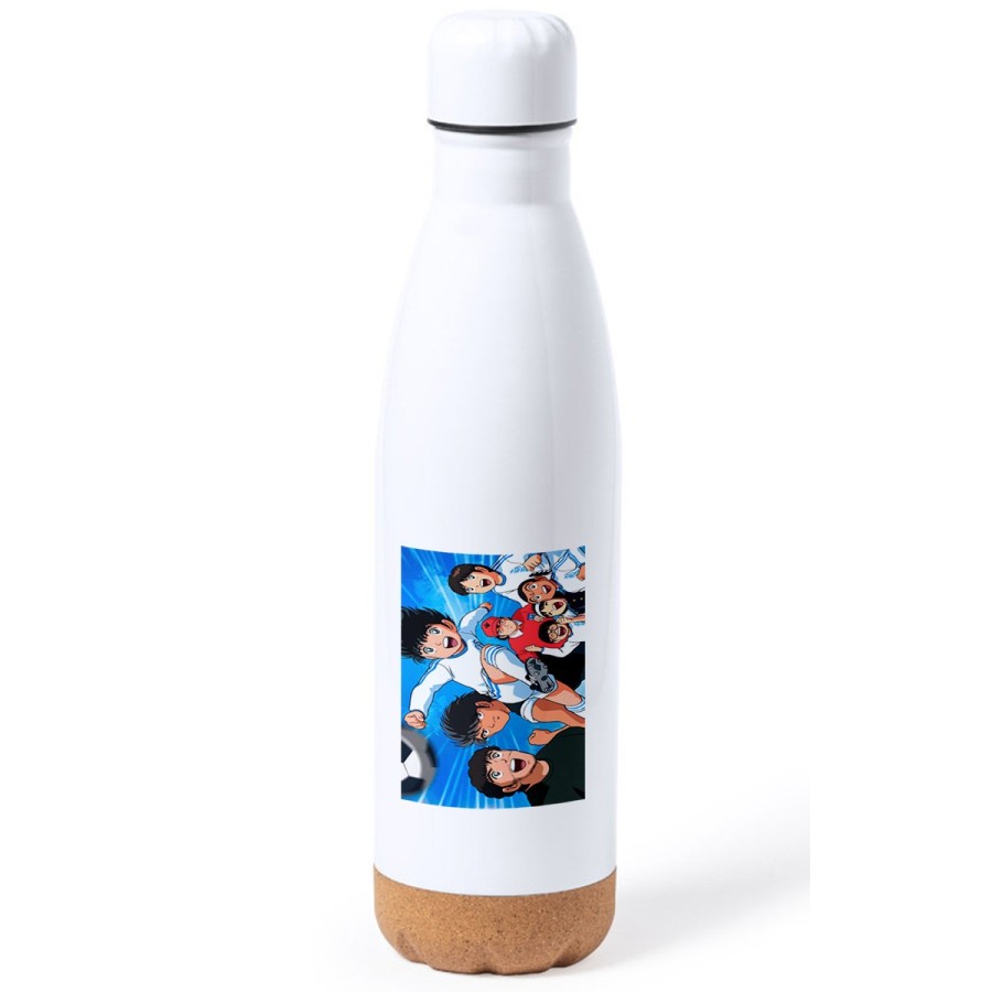 BIDON 750 ML ACERO INOXIDABLE ADORNO DE CORCHO campeones oliver y benji serie dibujos tapon botella