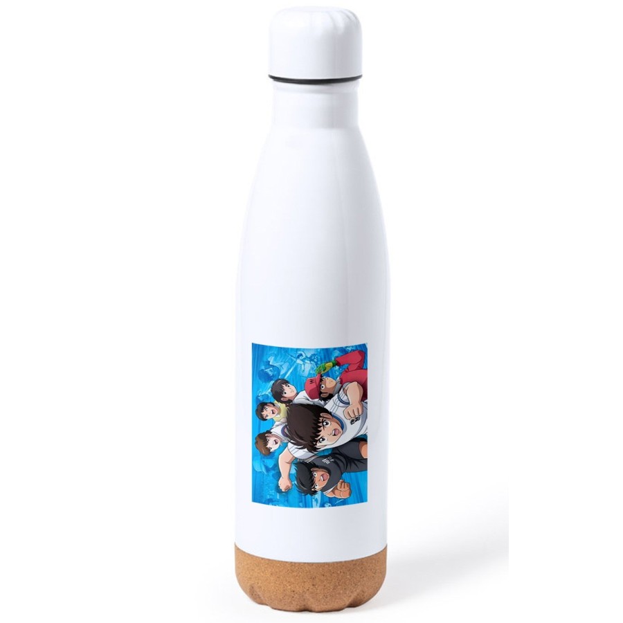 BIDON 750 ML ACERO INOXIDABLE ADORNO DE CORCHO Oliver y benji capitan tsubasa futbol infantil tapon botella