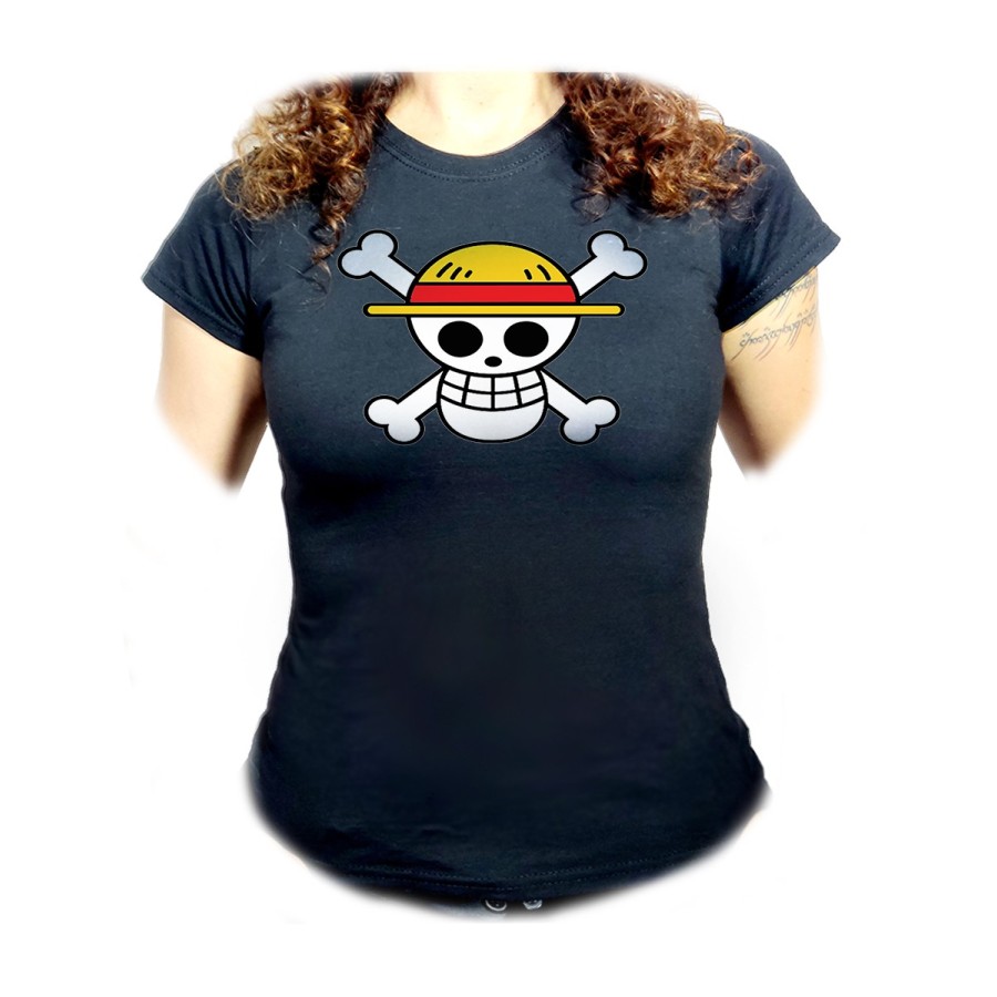 CAMISETA NEGRA MUJER LOGO ONE PIECE CALAVERA PIRATAS LUFFY oferta personalizada