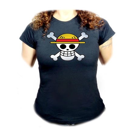 CAMISETA NEGRA MUJER LOGO ONE PIECE CALAVERA PIRATAS LUFFY oferta personalizada