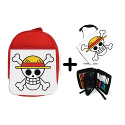 PACK MOCHILA ROJA Y ESTUCHE LOGO ONE PIECE CALAVERA PIRATAS LUFFY material escolar