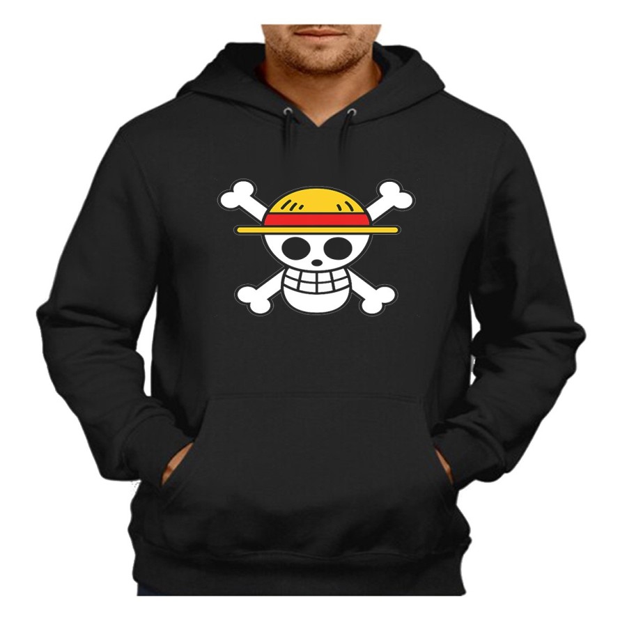 SUDADERA NEGRA CON CAPUCHA LOGO ONE PIECE CALAVERA PIRATAS LUFFY adulto poliester algodón personalizada