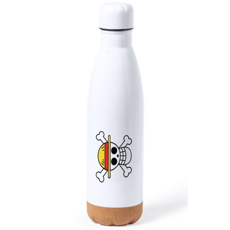 BIDON 750 ML ACERO INOXIDABLE ADORNO DE CORCHO LOGO ONE PIECE CALAVERA PIRATAS LUFFY tapon botella