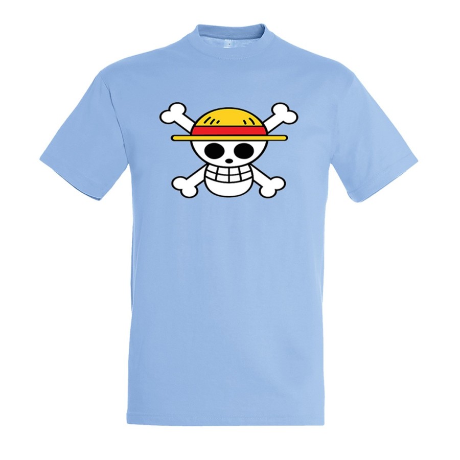 CAMISETA AZUL CIELO LOGO ONE PIECE CALAVERA PIRATAS LUFFY moda verano personalizada